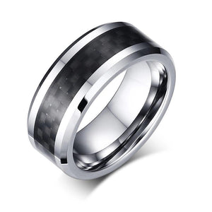 Tungsten Men's Wedding Band with Black Carbon Fiber Inlay and Beveled Edges | The Executive