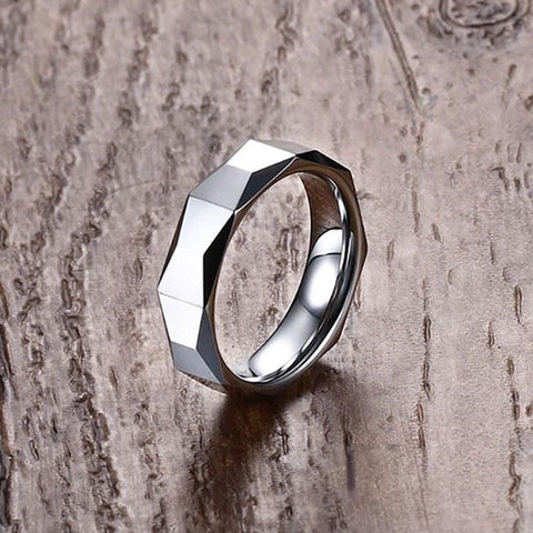 Image of Tungsten Men's Wedding Band with Geometric Design With Wood Background | The Flywheel