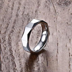 Tungsten Men's Wedding Band with Geometric Design With Wood Background | The Flywheel