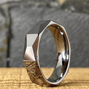 Tungsten Men's Wedding Band with Geometric Design Close Up | The Flywheel