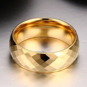Gold Tungsten Men's Wedding Band with a Geometric Design Laying Flat  | The Gandalf
