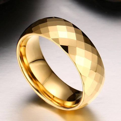 Image of Gold Tungsten Men's Wedding Band with a Geometric Design Angled View | The Gandalf