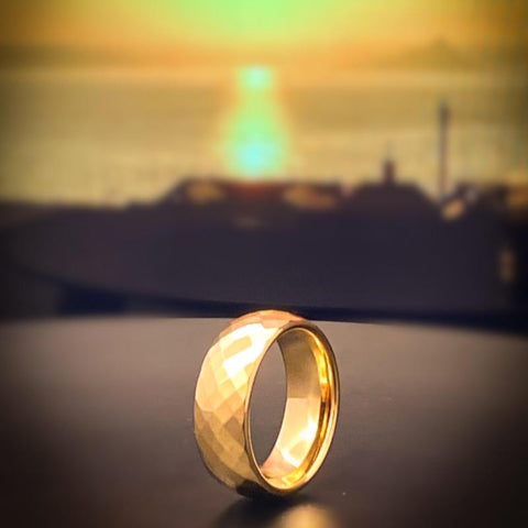 Image of Gold Tungsten Men's Wedding Band with a Geometric Design With Sunset Background  | The Gandalf