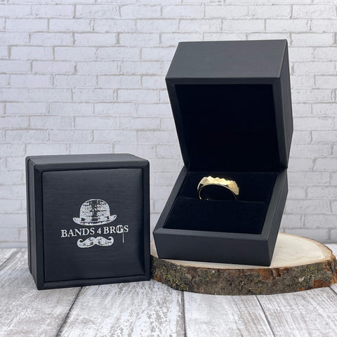 Image of Gold Tungsten Men's Wedding Band with a Geometric Design in a Black Bands 4 Bros Ring Box | The Gandalf