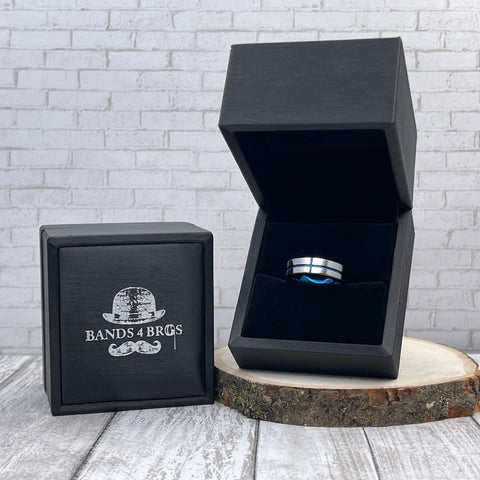 Image of Men's Tungsten Wedding Band displayed in a black Bands 4 Bros ring box | The Avenger