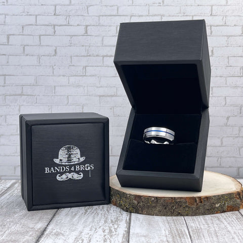 Image of Men's Wedding Band With Blue Inlay in a black Bands 4 Bros ring box | The Diplomat