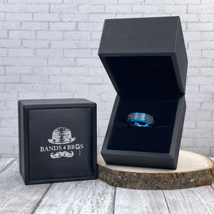 Blue Tungsten Men's Wedding Band with Black Carbon Fiber Inlay and Beveled Edges in a Black Bands 4 Bros Ring Box | The Speedway