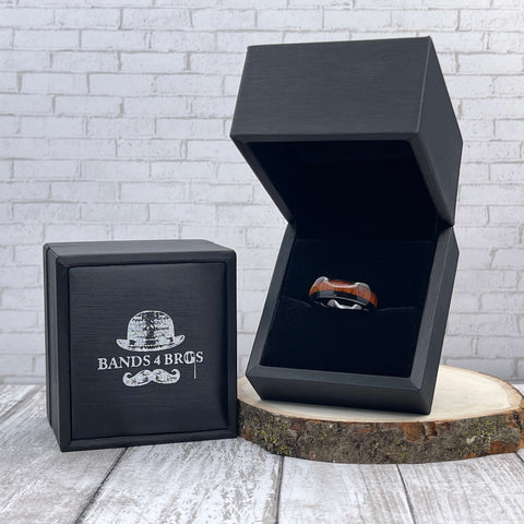 Image of Koa Wood Black Men's Tungsten Wedding Band displayed in a black Bands 4 Bros ring box | The Bowman