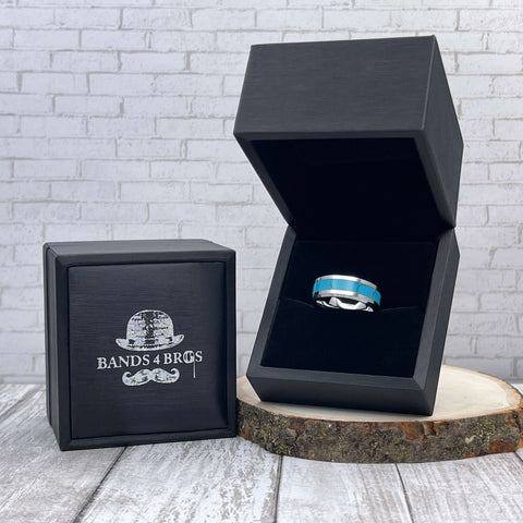 Image of Tungsten Men's Wedding Band with Turquoise Inlay and Beveled Edges in a Black Bands 4 Bros Ring Box | The Trailblazer
