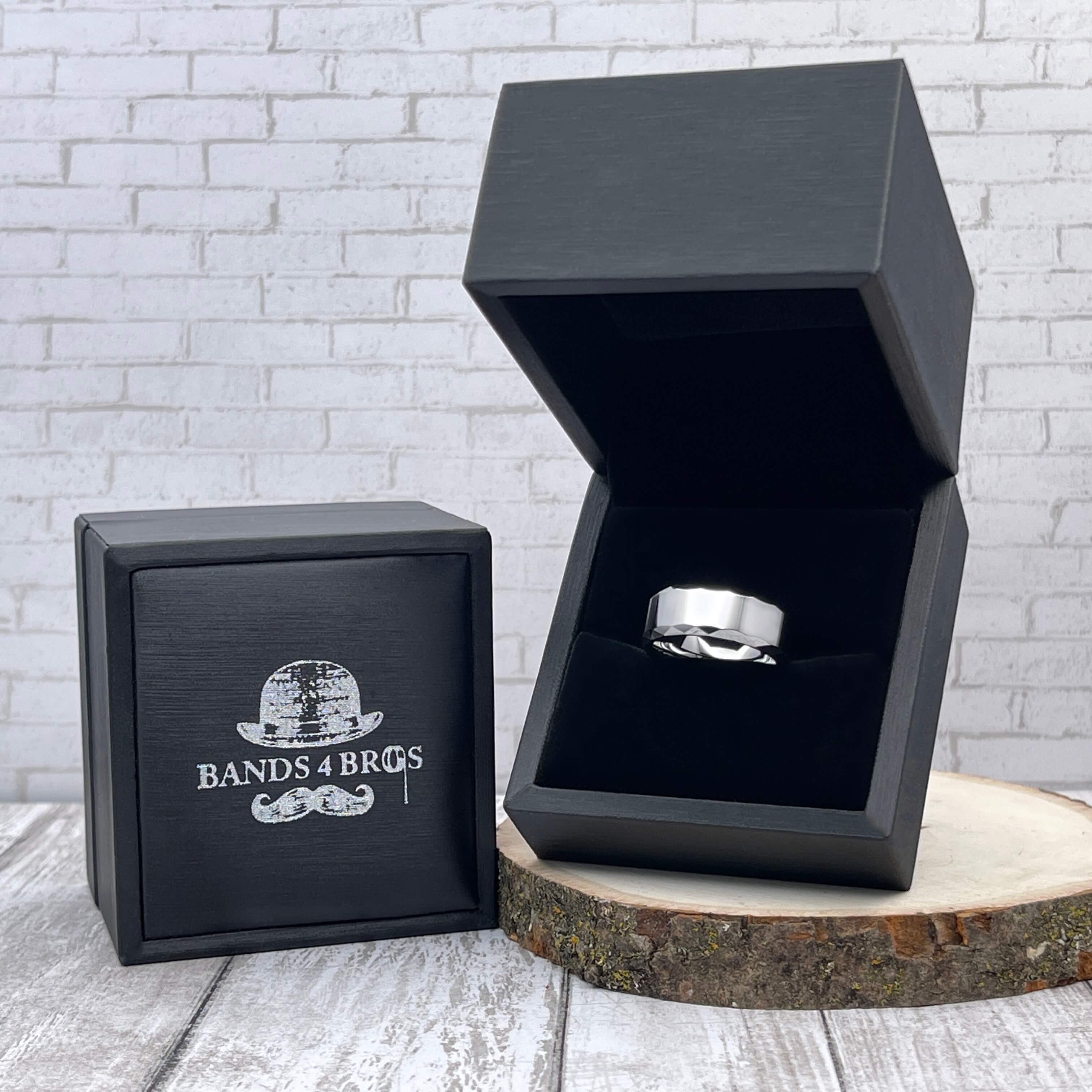 Tungsten Men's Wedding Band with a Geometric Design and High Gloss Finish  in a Black Bands 4 Bros Ring Box  | The Hammer
