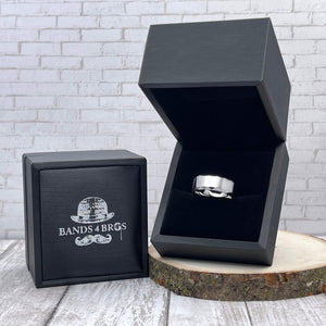 Tungsten Men's Wedding Band with a Geometric Design and High Gloss Finish  in a Black Bands 4 Bros Ring Box  | The Hammer