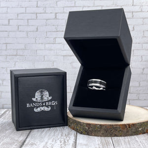 The Executive | Tungsten Men's Wedding Band With Carbon Fiber Inlay in a black Bands 4 Bros ring box | The Executive