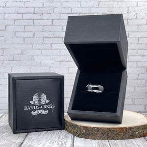 Black Men's Tungsten Wedding Band displayed in a black Bands 4 Bros ring box | The Black Pearl