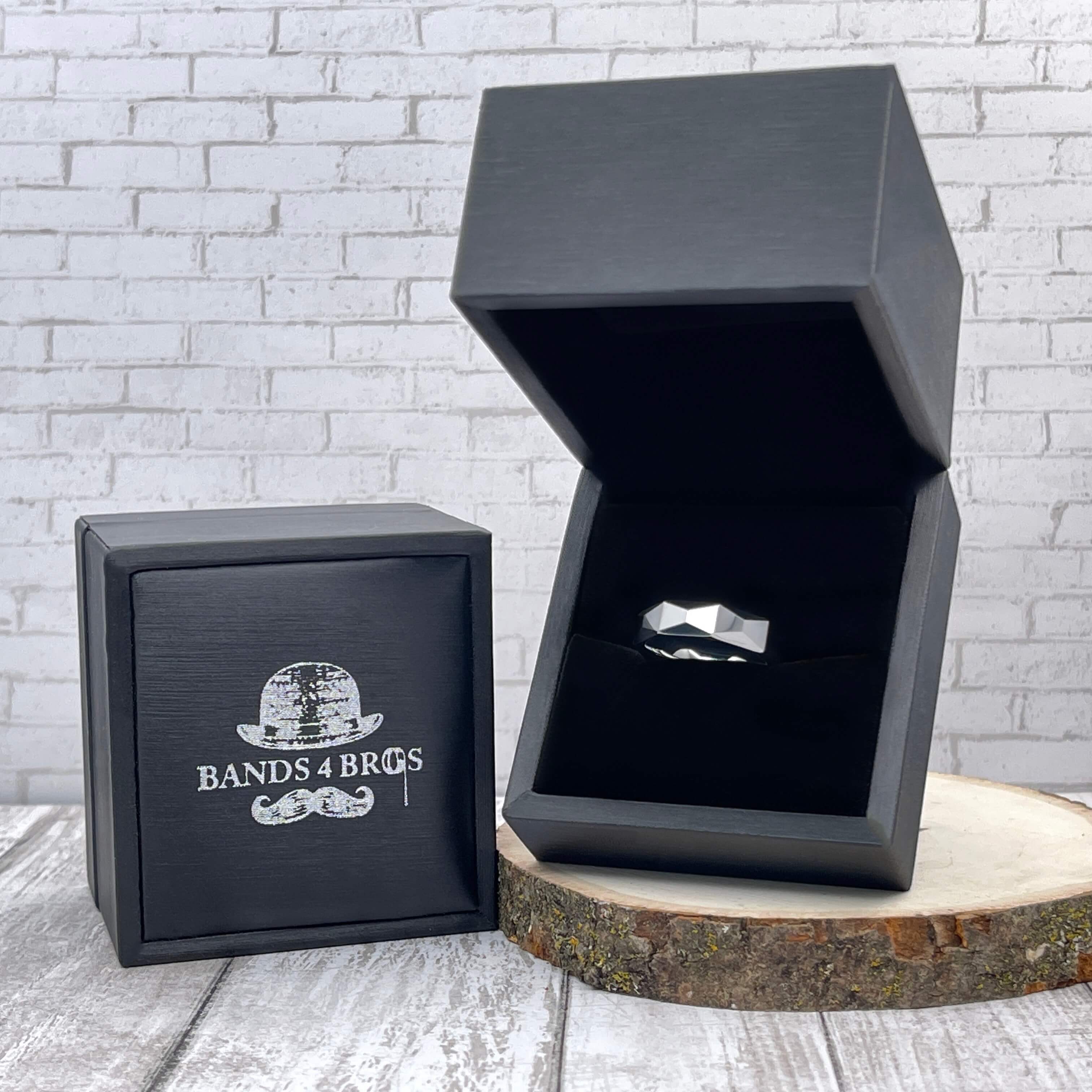 Tungsten Men's Wedding Band with Geometric Design in a Black Bands 4 Bros Ring Box | The Flywheel