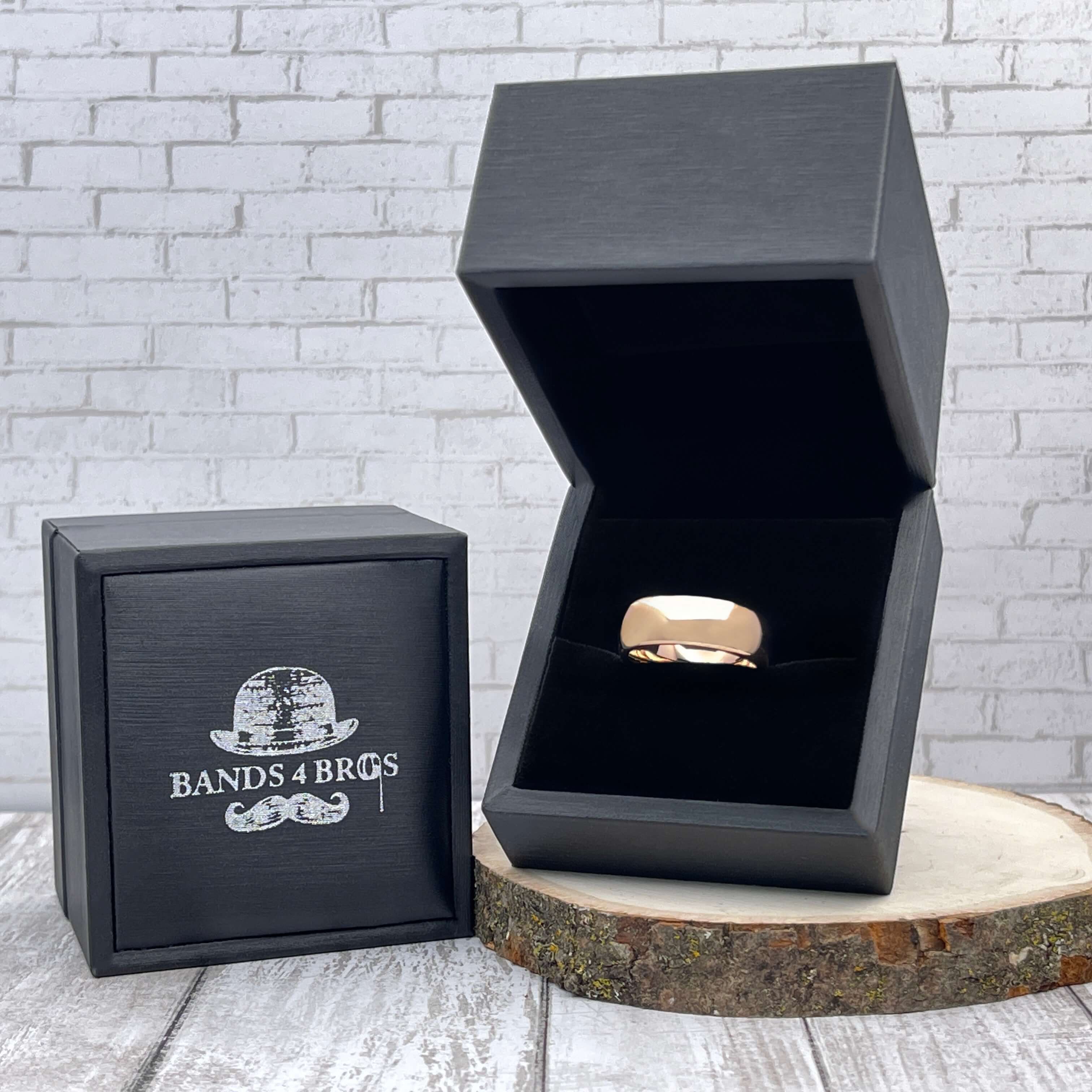 Tungsten Men's Wedding Band with a Domed Design in Gold in a Black Bands 4 Bros Ring Box | The Genesis