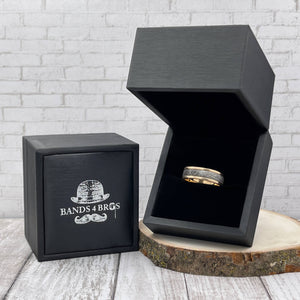 The Aries: 14K Yellow Gold Men's Ring with Meteorite Inlay. Seated in Bands 4 Bros ring box.