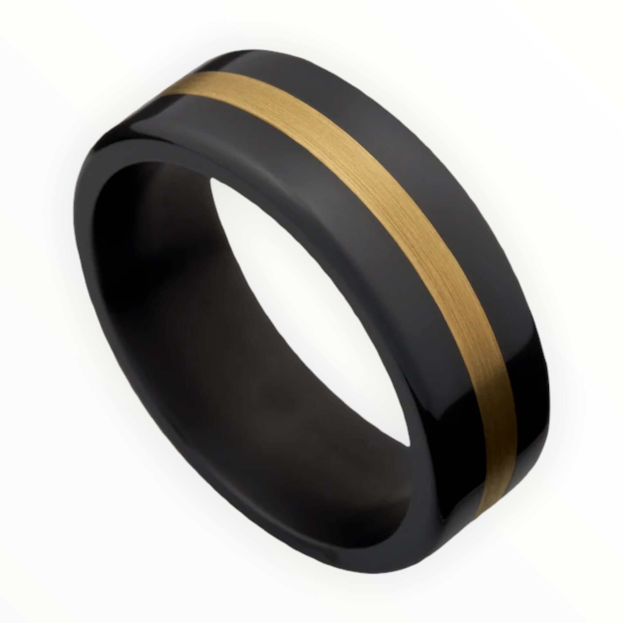 Black Zirconium Men's Wedding Band with 14K Gold Inlay and High Polish Finish Secondary Image | The Gamma