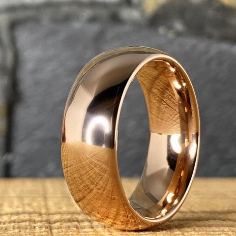 Image of Tungsten Men's Wedding Band with a Domed Design in Rose Gold Close Up  | The Genesis