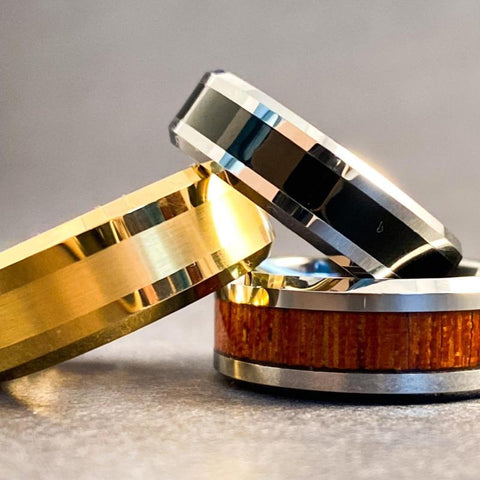 Image of Three Men's Wedding Bands Stacked. Featuring a  Men's Wedding Band With Black Enamel Inlay | The Corleone