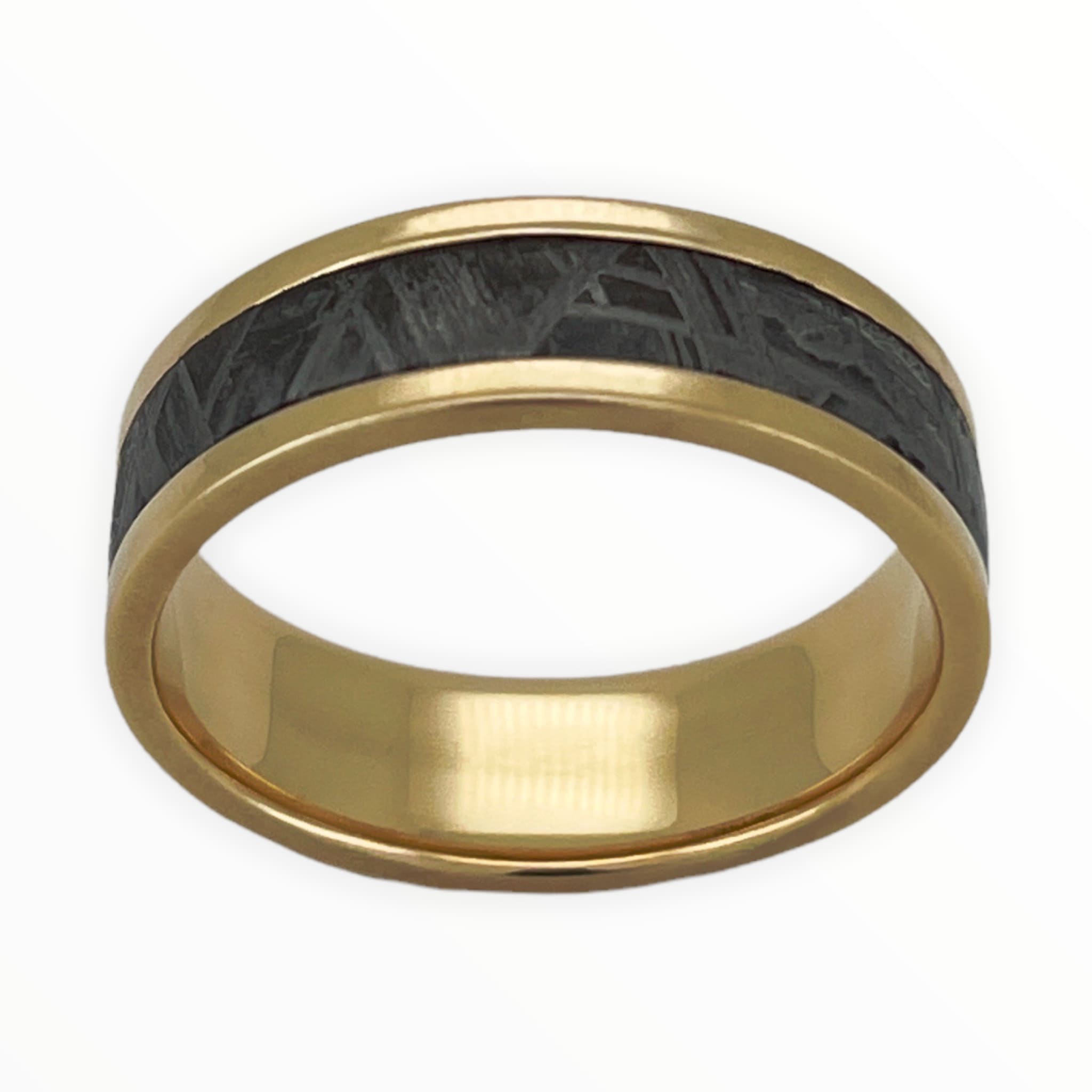 14 Karat Yellow Gold Men's Wedding Band With Meteorite Inlay Top View | The Aries
