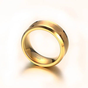 Side View of Gold Men's Tungsten Wedding Band with Beveled Edging | The Arthur