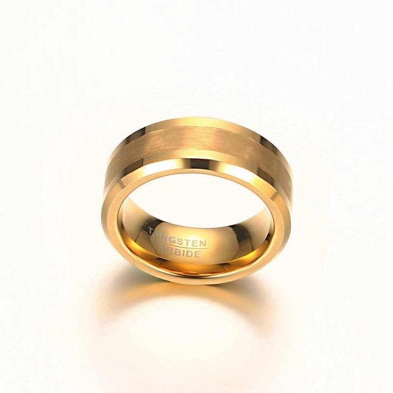 Top View of Gold Men's Tungsten Wedding Band with Beveled Edging | The Arthur
