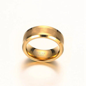 Top View of Gold Men's Tungsten Wedding Band with Beveled Edging | The Arthur