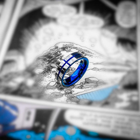 Image of Men's Tungsten Wedding Band with Blue Inlay | The Avenger On Comic Book