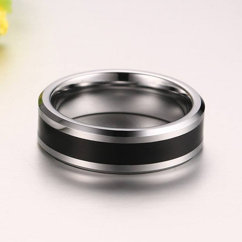 Image of  Men's Wedding Band With Black Enamel Inlay Laying On Edge | The Corleone