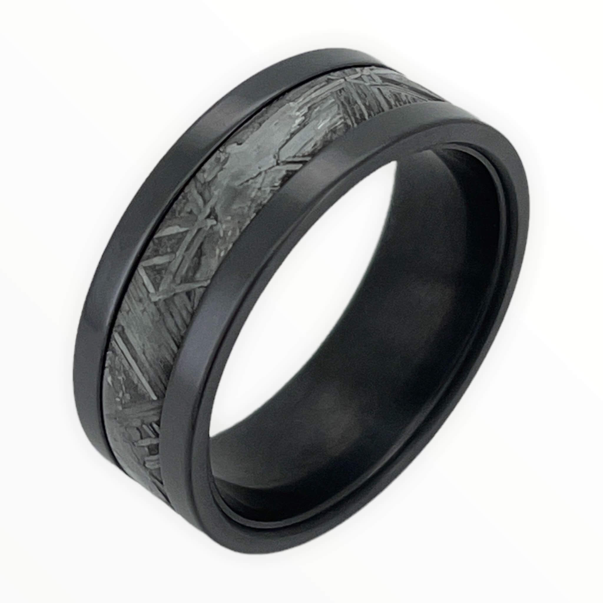 Black Zirconium Men's Wedding Band With Meteorite Inlay | The Draco 