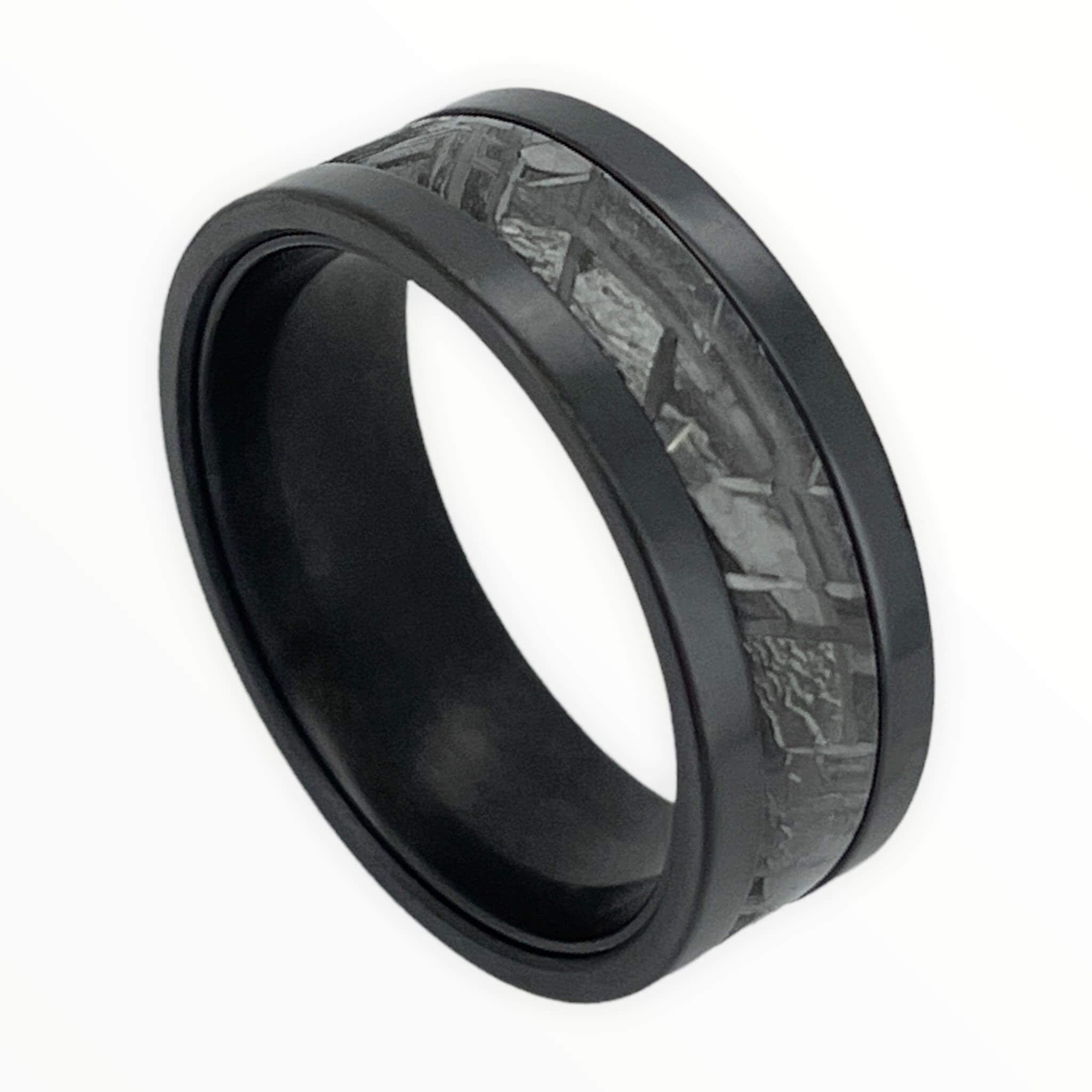 Black Zirconium Men's Wedding Band With Meteorite Inlay Angled View | The Draco 