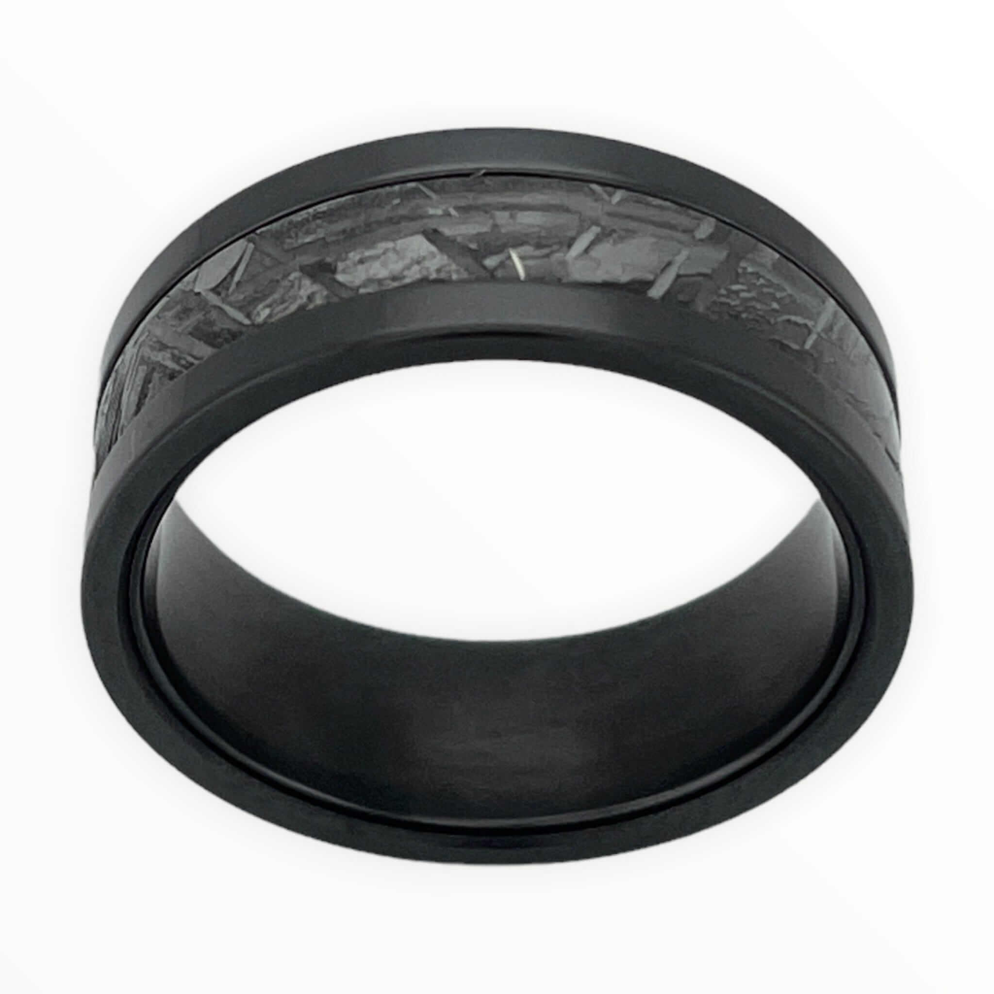 Black Zirconium Men's Wedding Band With Meteorite Inlay Top View | The Draco 