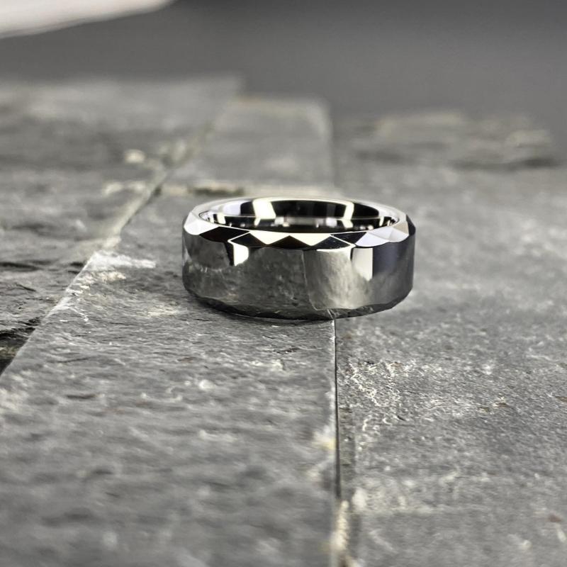 Tungsten Men's Wedding Band with a Geometric Design and High Gloss Finish Close Up on Slate | The Hammer