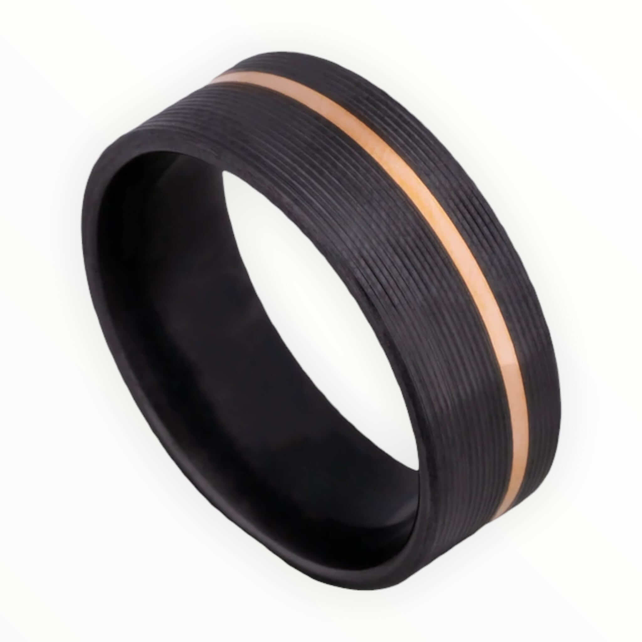 Black Zirconium Men's Wedding Band with 14K Rose Gold Inlay and Machine Finish | The Fusion