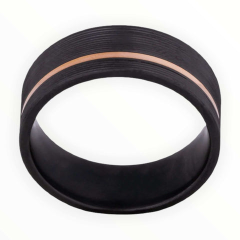 Image of Black Zirconium Men's Wedding Band with 14K Rose Gold Offset Inlay and Machine Finish Secondary Image | The Fusion
