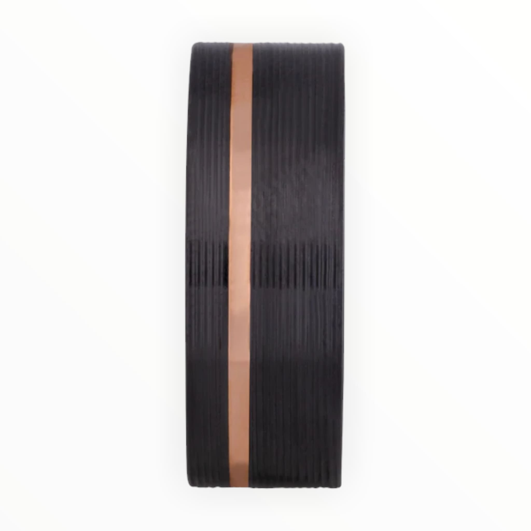 Black Zirconium Men's Wedding Band with 14K Rose Gold Offset Inlay and Machine Finish Close up | The Fusion