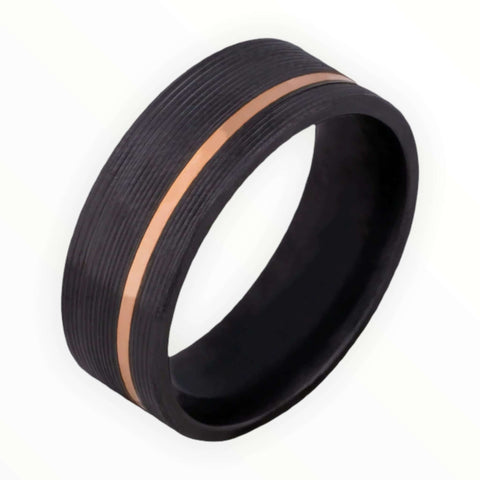 Image of Black Zirconium Men's Wedding Band with 14K Rose Gold Offset Inlay and Machine Finish | The Fusion