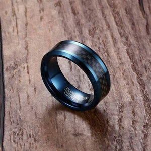 Blue Tungsten Men's Wedding Band with Black Carbon Fiber Inlay and Beveled Edges on Wooden Background | The Speedway