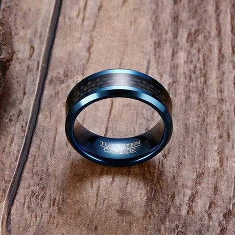 Image of Blue Tungsten Men's Wedding Band with Black Carbon Fiber Inlay and Beveled Edges Showing Engraving | The Speedway