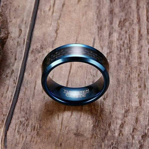 Blue Tungsten Men's Wedding Band with Black Carbon Fiber Inlay and Beveled Edges Showing Engraving | The Speedway