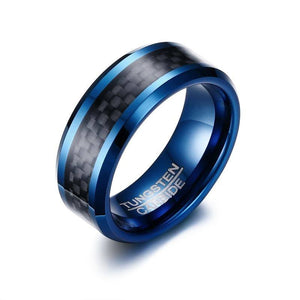 Blue Tungsten Men's Wedding Band with Black Carbon Fiber Inlay and Beveled Edges | The Speedway