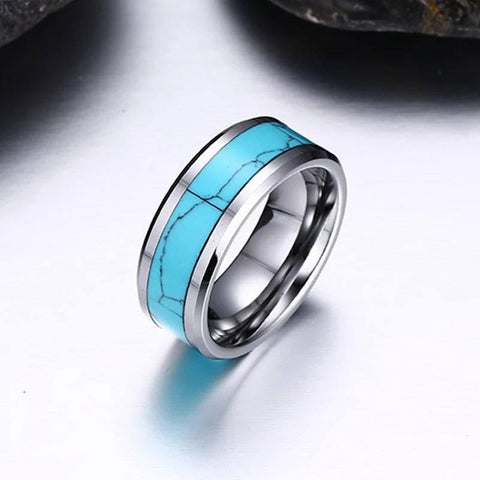 Image of Tungsten Men's Wedding Band with Turquoise Inlay and Beveled Edges Secondary Image | The Trailblazer