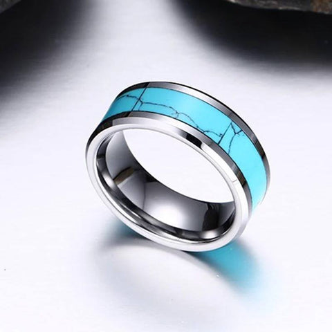 Image of Tungsten Men's Wedding Band with Turquoise Inlay and Beveled Edges Secondary Images | The Trailblazer