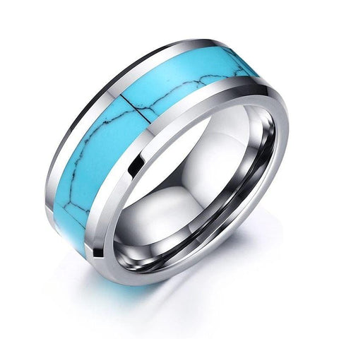 Image of Tungsten Men's Wedding Band with Turquoise Inlay and Beveled Edges | The Trailblazer