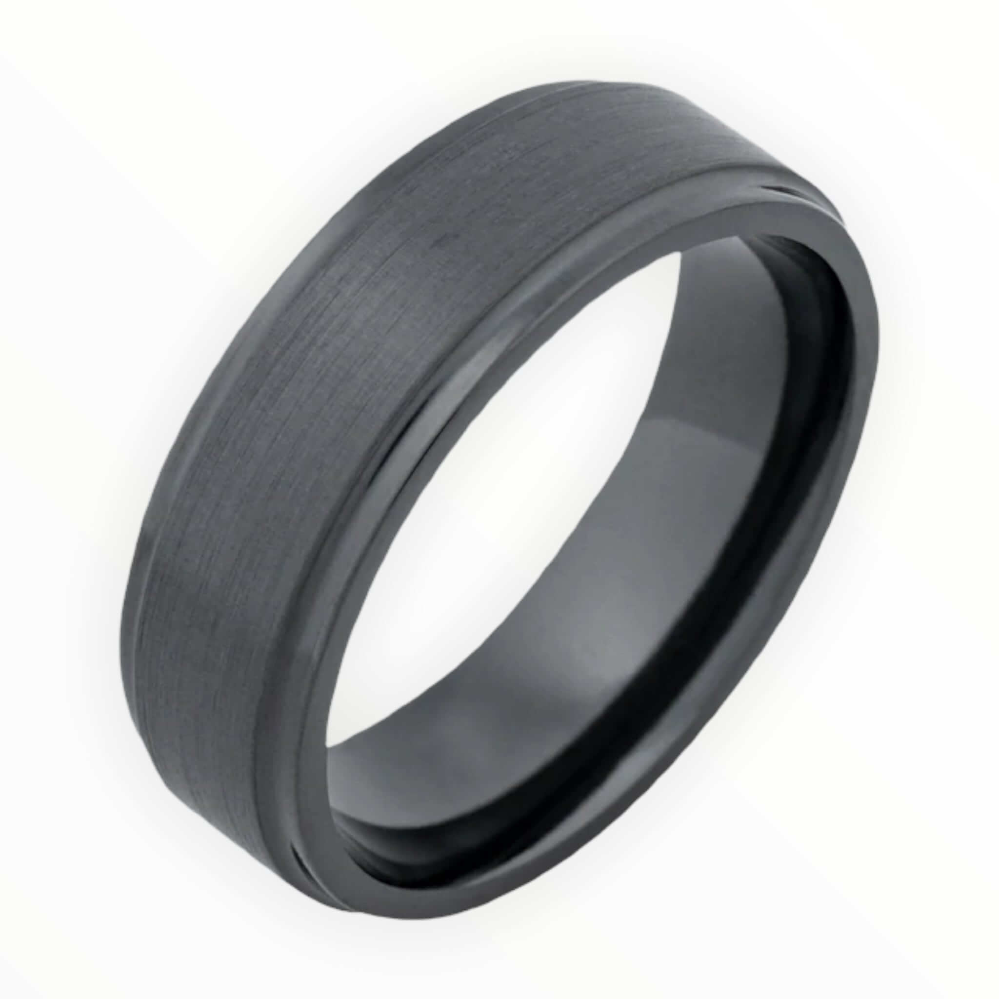 Black Zirconium Men's Wedding Band With Stepped Edges Main Image | The Geiger