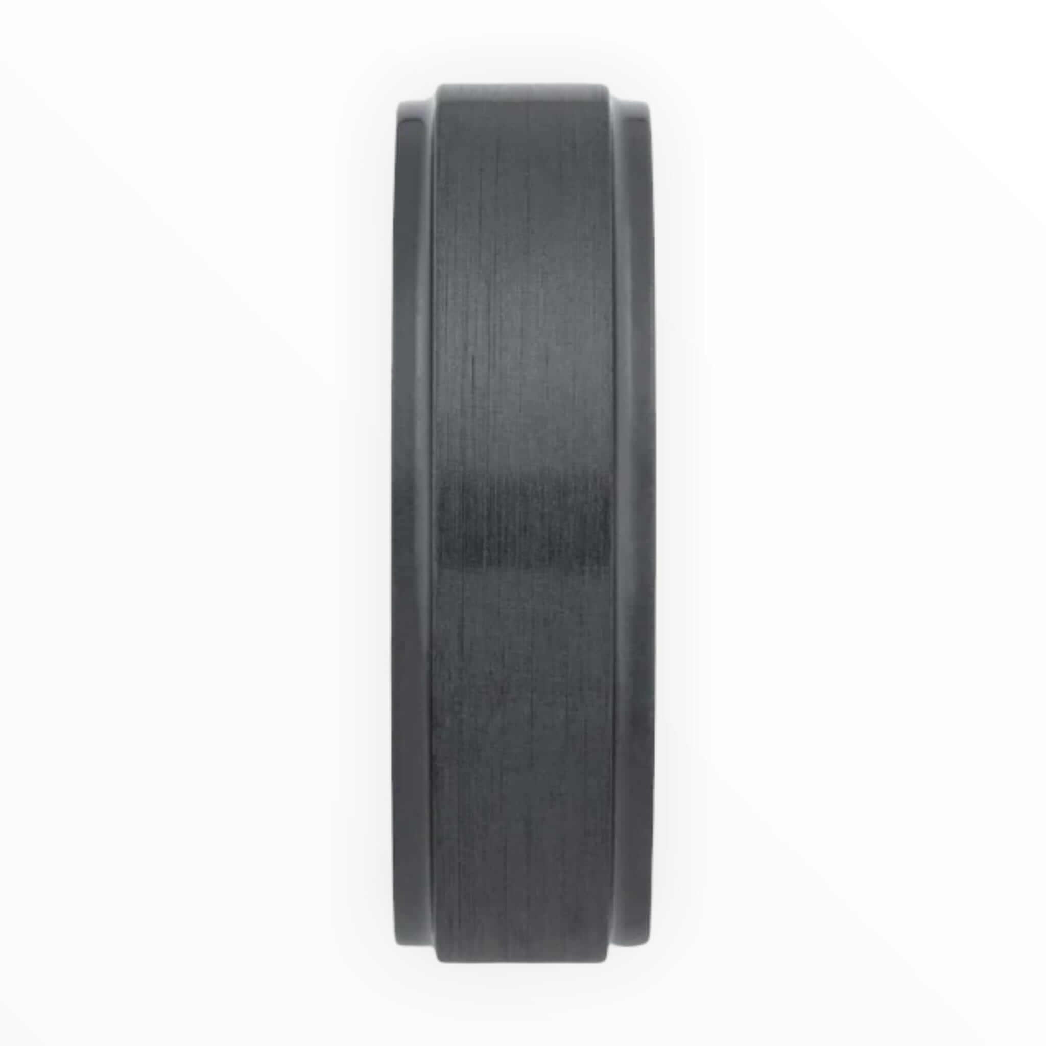 Black Zirconium Men's Wedding Band With Stepped Edges Close Up | The Geiger
